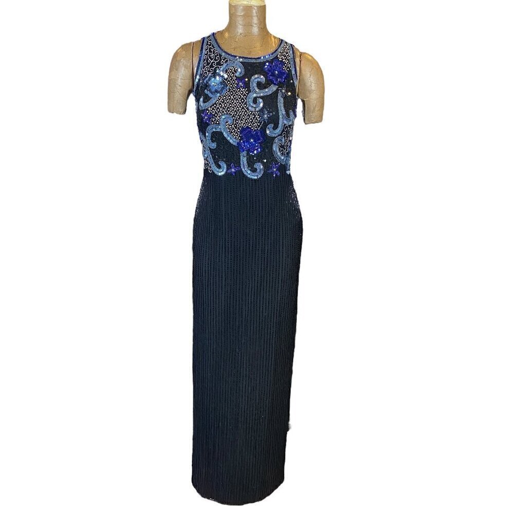 SCALA Silk‎ Beaded Sequined Gown Sz M Black & Blues #179K